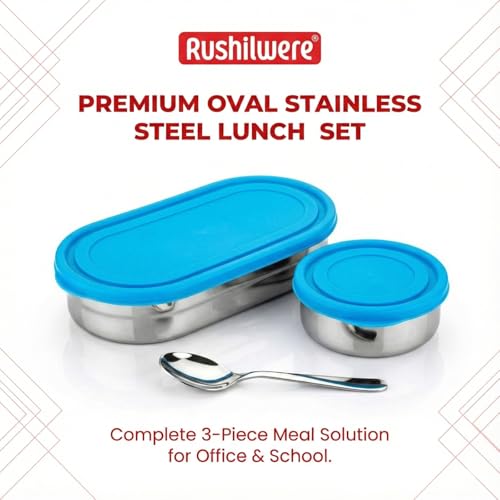 RUSHIL WERE Oval Lunch Box Steel for Office & School Use | Leak Proof | Easy to Clean | with Side Locks | Stainless Steel l Durable | Easy to Carry | 925 ml | Blue - Image 5