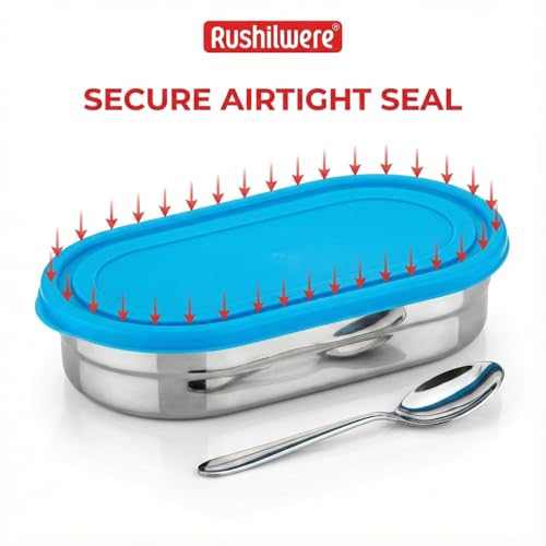 RUSHIL WERE Oval Lunch Box Steel for Office & School Use | Leak Proof | Easy to Clean | with Side Locks | Stainless Steel l Durable | Easy to Carry | 925 ml | Blue - Image 4