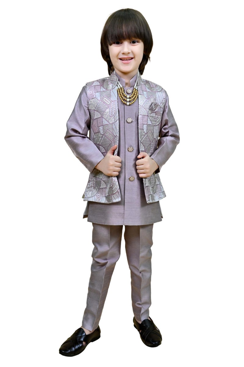 AHHAAAA Kids Ethnic Zari Work Indo-Western Kurta, Payjama and Waistcoat|3-Piece Set with Maala For Boys |Lavender 8-9 Years| - Image 1