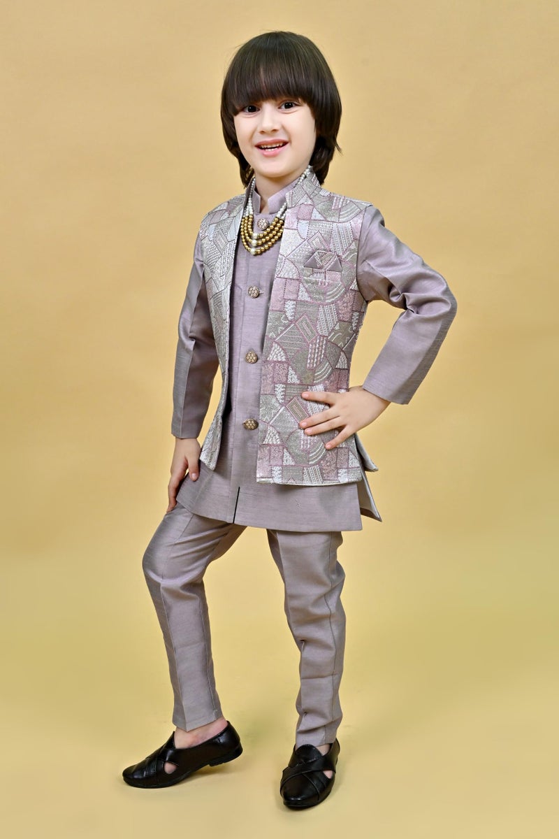 AHHAAAA Kids Ethnic Zari Work Indo-Western Kurta, Payjama and Waistcoat|3-Piece Set with Maala For Boys |Lavender 8-9 Years| - Image 4