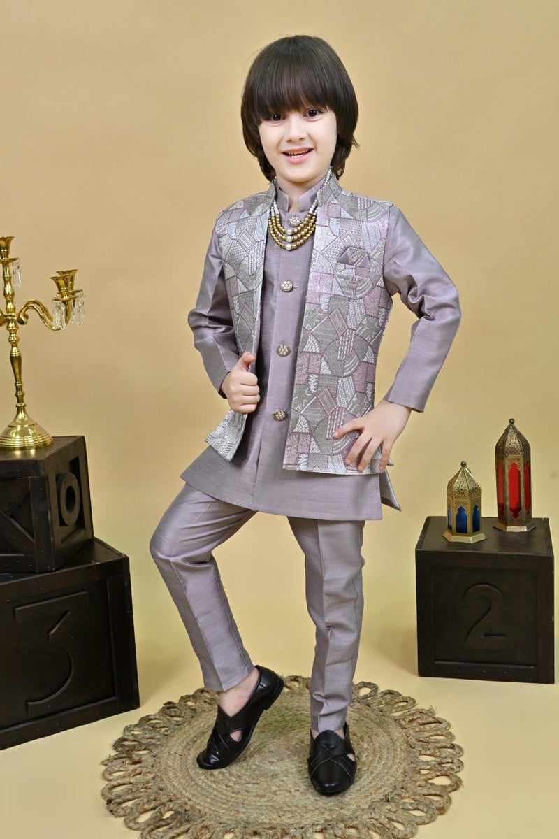 AHHAAAA Kids Ethnic Zari Work Indo-Western Kurta, Payjama and Waistcoat|3-Piece Set with Maala For Boys |Lavender 8-9 Years| - Image 2