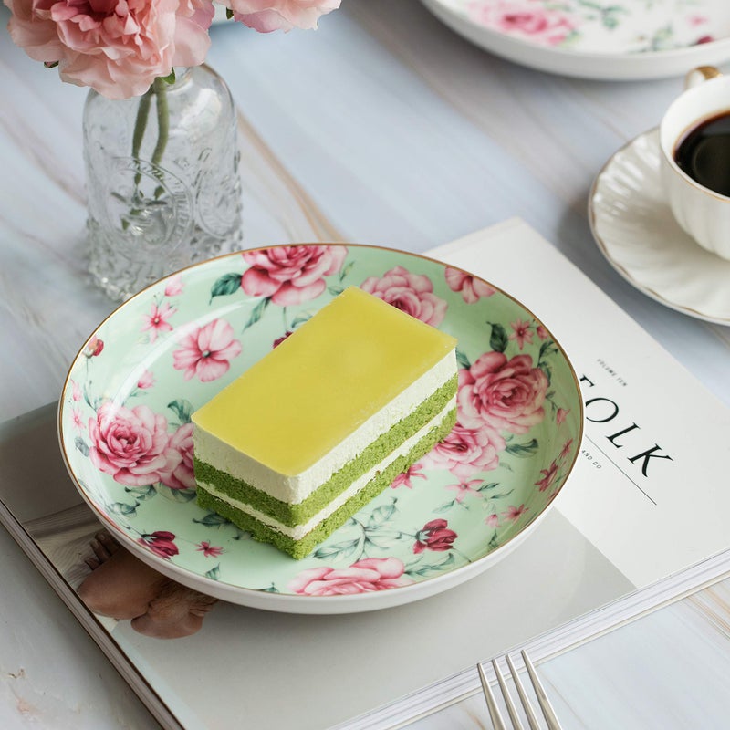 Brew To A Tea BTaT- Floral Dessert Plates Ceramic, Set of 4, 8 Inch, Assorted Colors with Golden Rim, Deep Porcelain Floral Plates Set of 4, Dishwasher Safe - Image 5