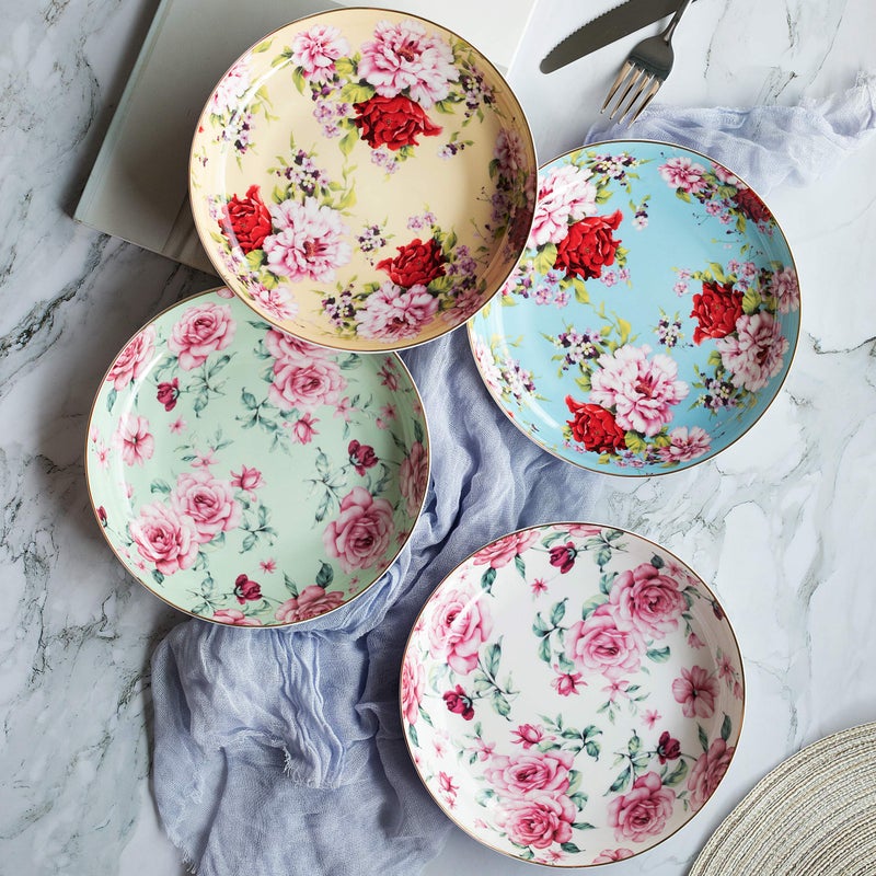 Brew To A Tea BTaT- Floral Dessert Plates Ceramic, Set of 4, 8 Inch, Assorted Colors with Golden Rim, Deep Porcelain Floral Plates Set of 4, Dishwasher Safe - Image 2