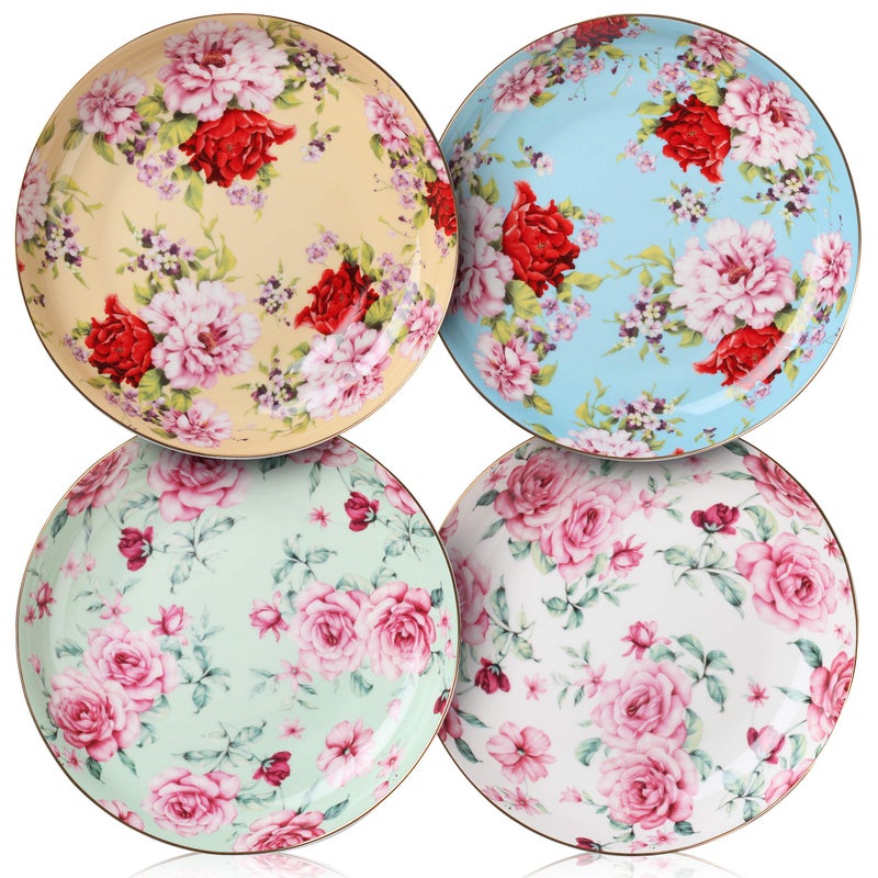 Brew To A Tea BTaT- Floral Dessert Plates Ceramic, Set of 4, 8 Inch, Assorted Colors with Golden Rim, Deep Porcelain Floral Plates Set of 4, Dishwasher Safe - Image 1