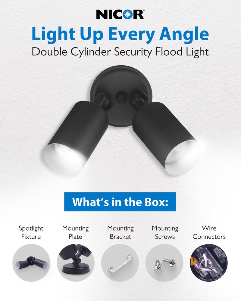 NICOR Lighting 100W Black Double Cylinder Adjustable Security Flood Light (11521) - Image 2