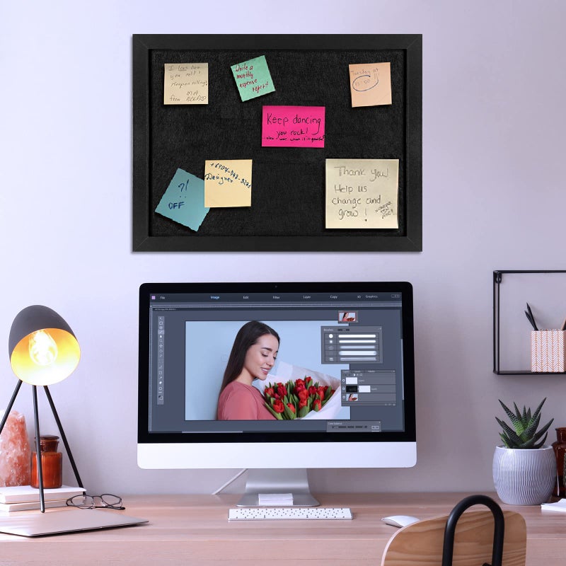 TORASO لوحة إعلانات توراسو من الفلين بإطار خشبي مع قماش شعري، لوحة عرض للإعلانات للجدران مع دبابيس، عيون، حشوات، براغي، لوحة دبابيس للمكتب، المدرسة والمنزل (أسود، 1 قطعة) - Image 4