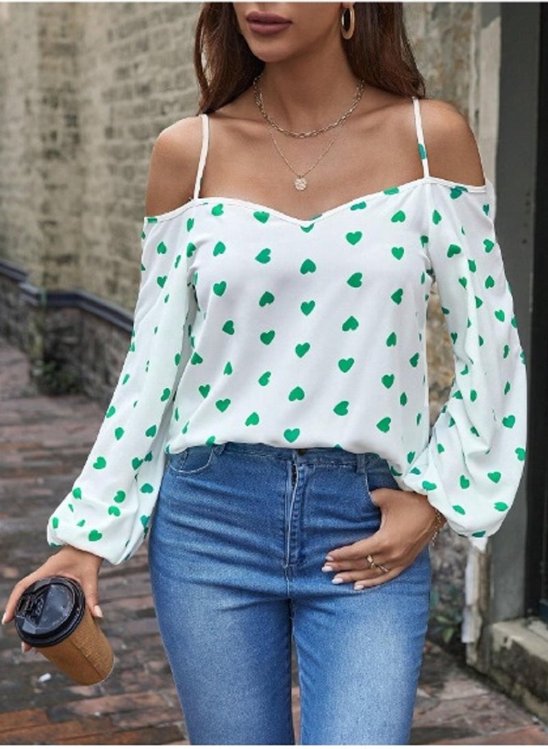 SHEIN LUNE Heart Print Cold Shoulder Blouse White  - Image 1