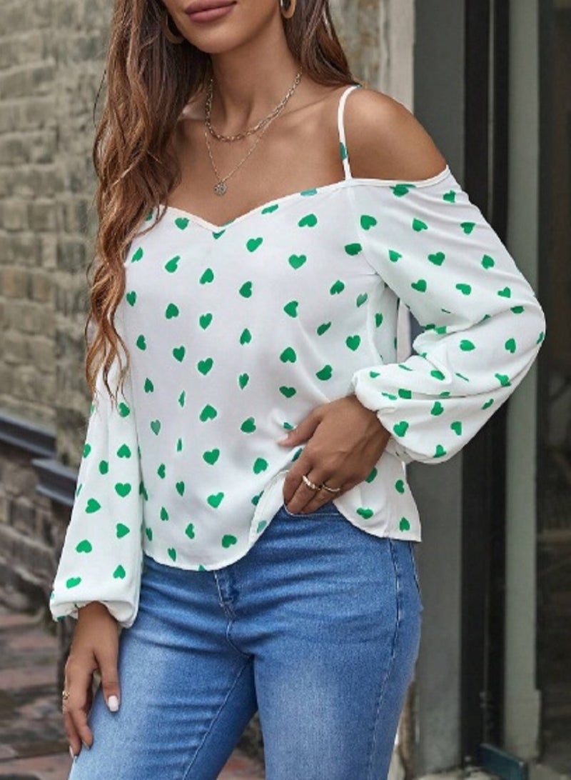 SHEIN LUNE Heart Print Cold Shoulder Blouse White  - Image 2