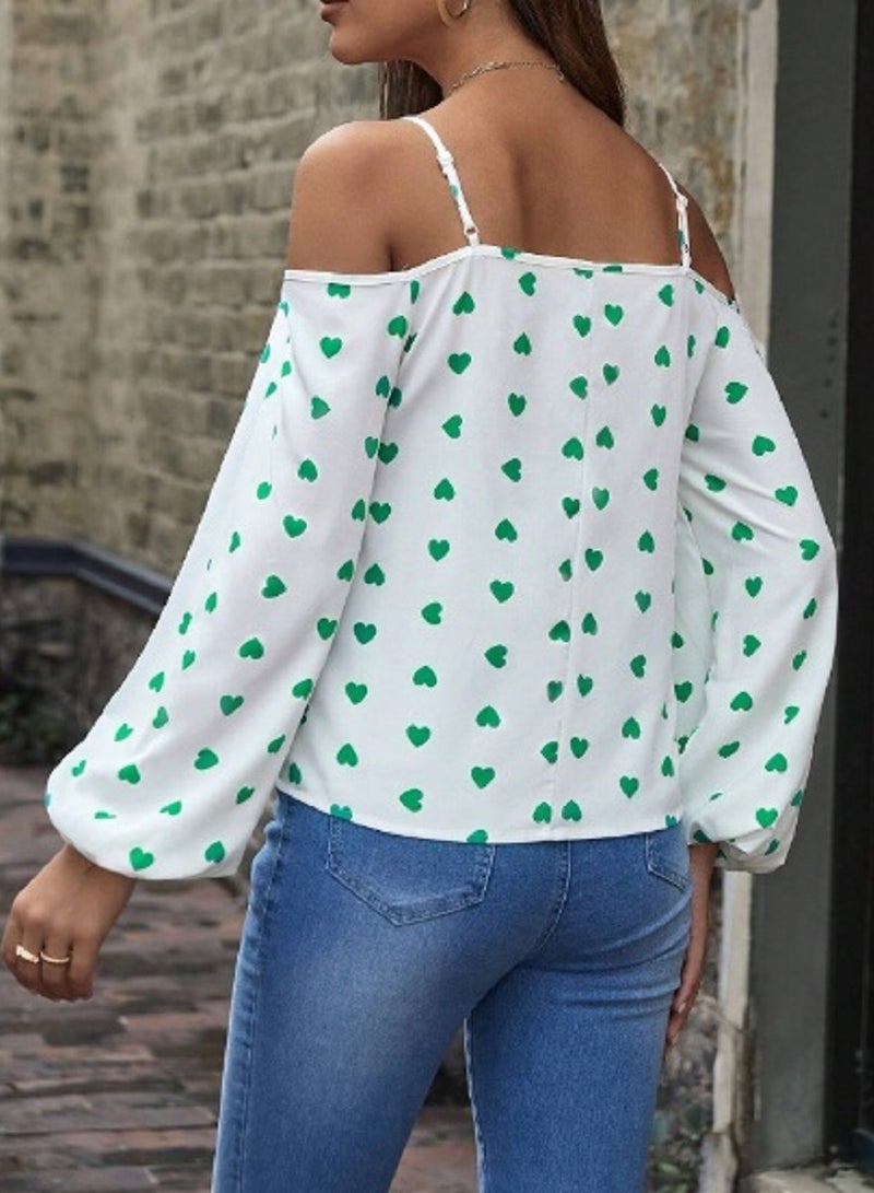 SHEIN LUNE Heart Print Cold Shoulder Blouse White  - Image 4