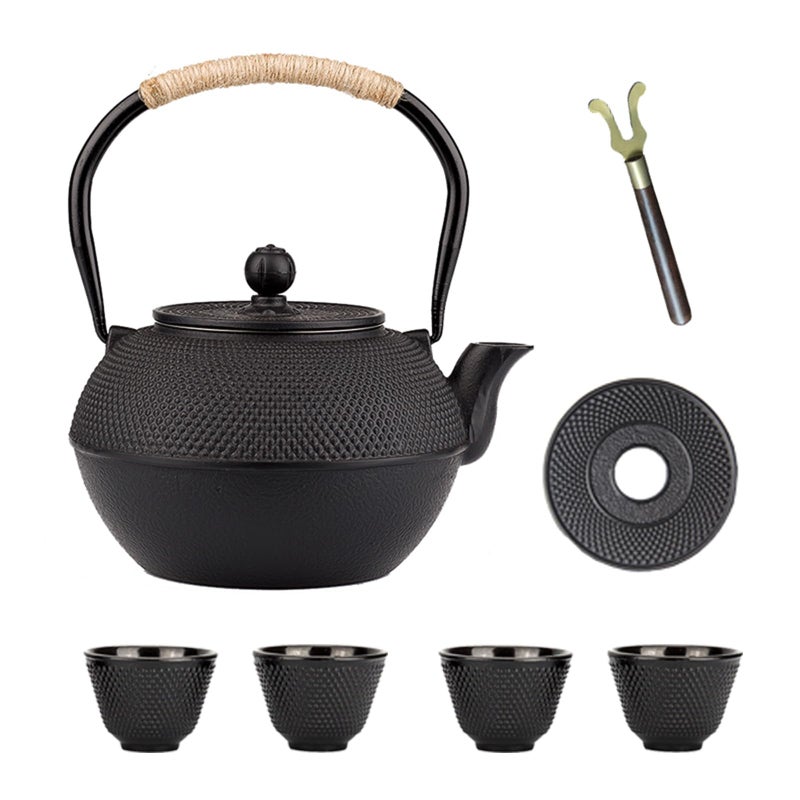 YJX Cast Iron Tea Pot Set Japanese Tetsubin 406oz Tea Kettle for Stovetop Black Teapot with Stainless Steel Infuser for Loose Leaf Tea 1200ml Small Asian Tea Set with Teacups - Image 2