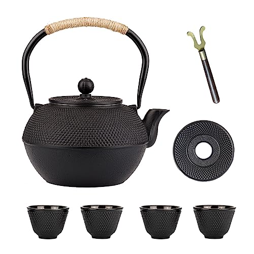 YJX Cast Iron Tea Pot Set Japanese Tetsubin 406oz Tea Kettle for Stovetop Black Teapot with Stainless Steel Infuser for Loose Leaf Tea 1200ml Small Asian Tea Set with Teacups - Image 1