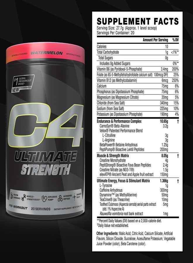 C4 Cellucor C4 Ultimate Strength Pre Workout Powder - Tri-Stim Experience 300mg Caffeine+TeaCrine+Dynamine - Creatine & Beta-Alanine - Energy Supplement for Men & Women - Watermelon, 20 Servings - Image 2