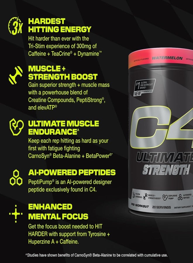 C4 Cellucor C4 Ultimate Strength Pre Workout Powder - Tri-Stim Experience 300mg Caffeine+TeaCrine+Dynamine - Creatine & Beta-Alanine - Energy Supplement for Men & Women - Watermelon, 20 Servings - Image 3