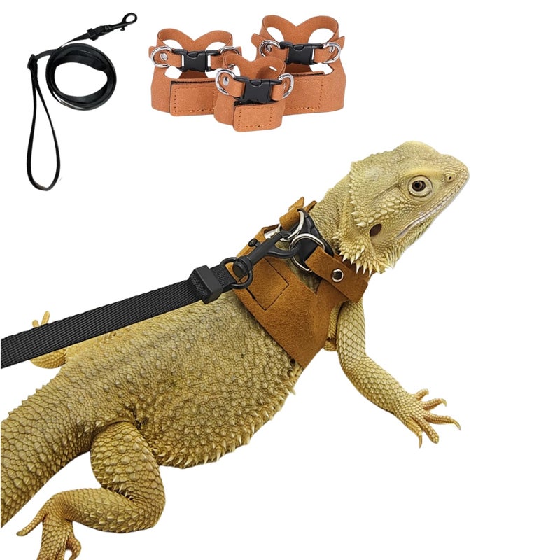 SEZDEKI 3 Pack Bearded Dragon Harness and Leash Set Adjustable Soft Leather Lizard Harness Leash Small Animal Traction Rope Training Walking Vest Accessories for Reptile Squirrel Rat Brown - Image 3