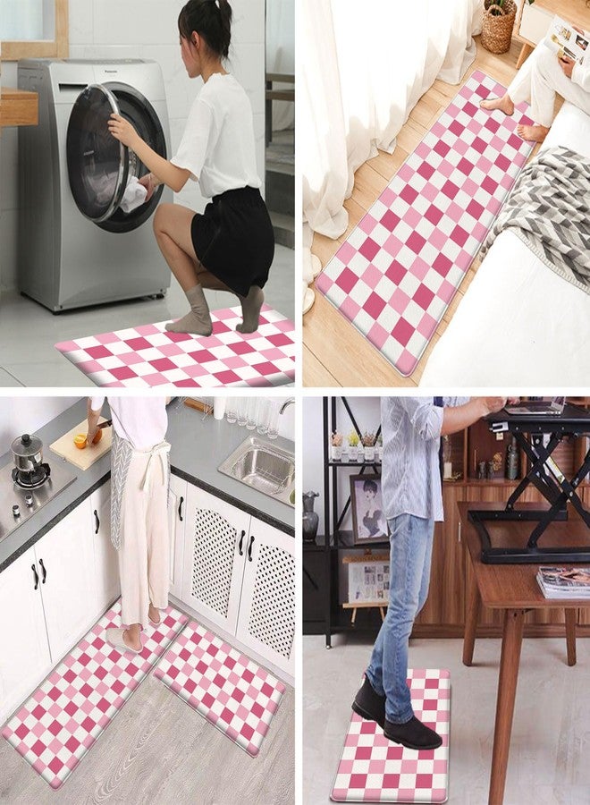 Bulijojo Pink Plaid Anti Fatigue Kitchen Floor Mats Set of 2 Waterproof Kitchen Sink Runner Rug Standing Mat Cushioned Kitchen Rugs Comfort Doormat 17"x47"+17" x30“ - Image 5