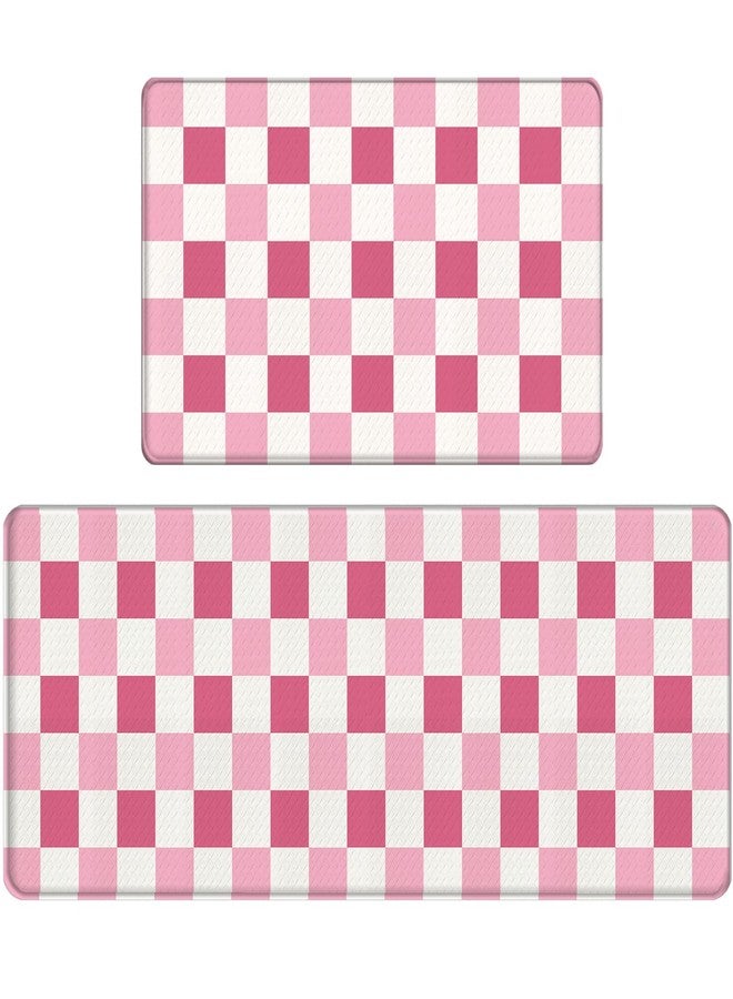 Bulijojo Pink Plaid Anti Fatigue Kitchen Floor Mats Set of 2 Waterproof Kitchen Sink Runner Rug Standing Mat Cushioned Kitchen Rugs Comfort Doormat 17"x47"+17" x30“ - Image 1