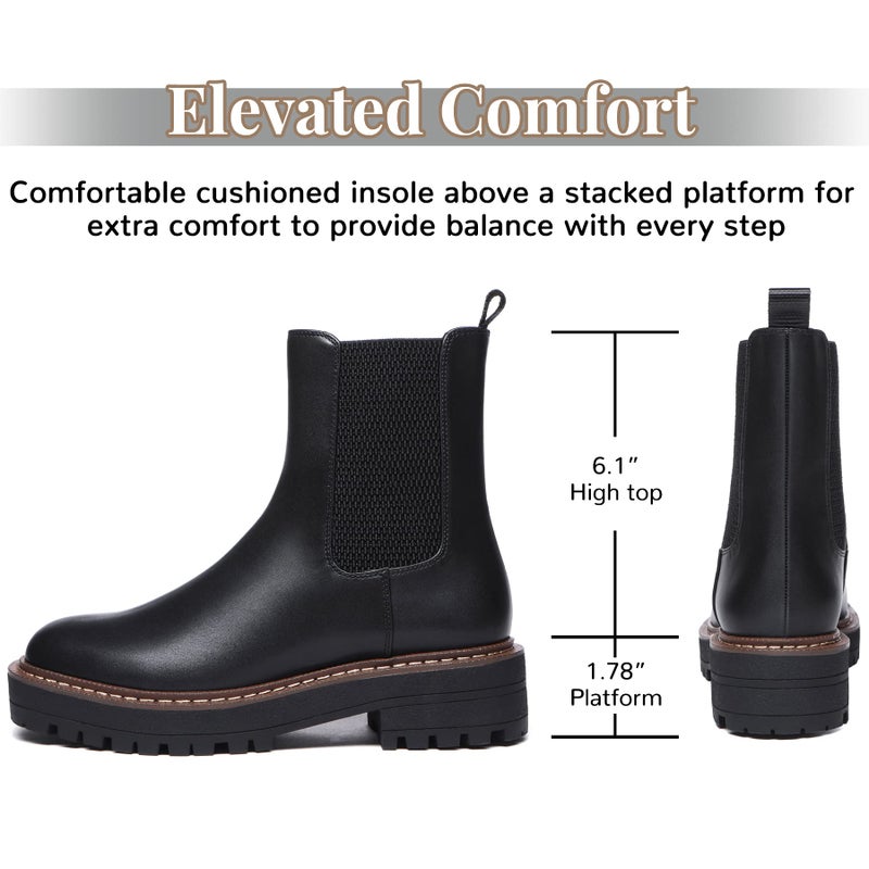 Athlefit Women's Chelsea Ankle Boots Platform Slip On Chunky Heel Lug Sole Leather Booties Black 8.5 - Image 2