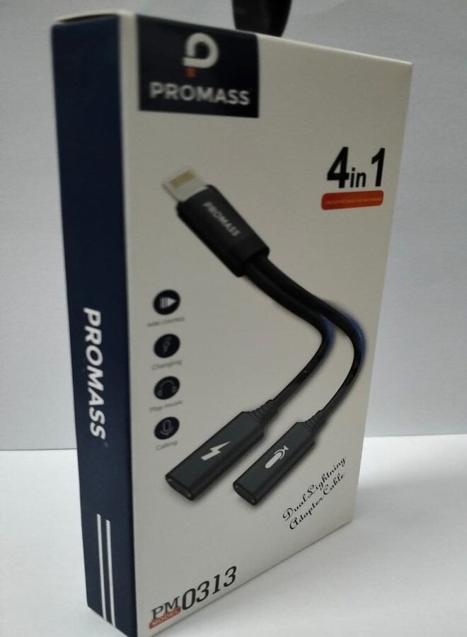PROMASS Dual Lighting Adapter Charging/Play Music & Calling Cable Black. - Image 2