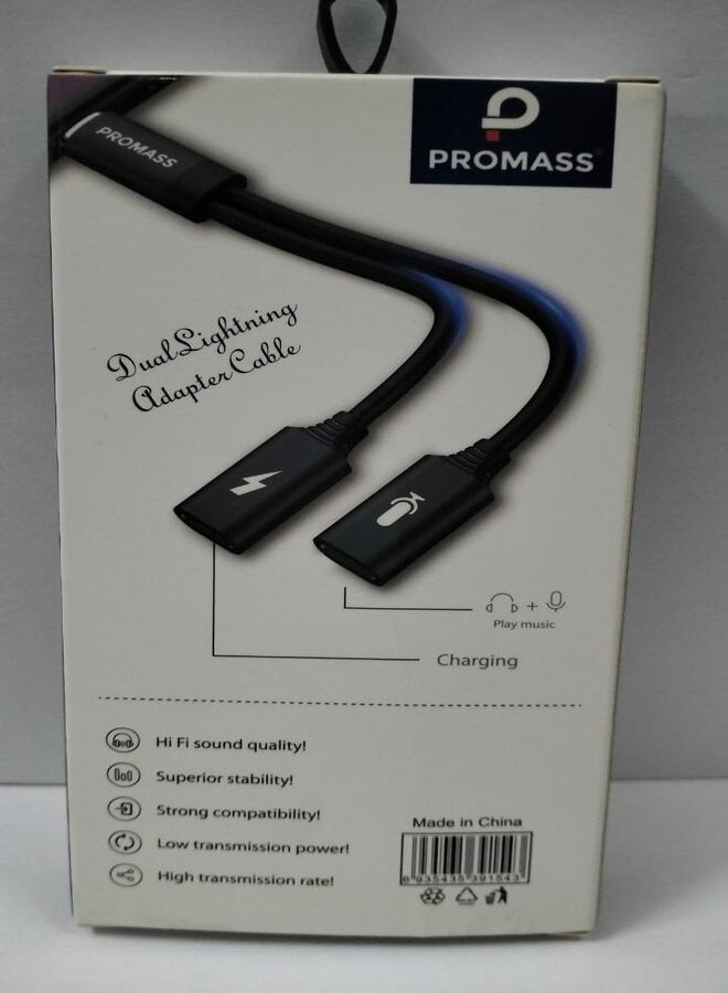 PROMASS Dual Lighting Adapter Charging/Play Music & Calling Cable Black. - Image 3
