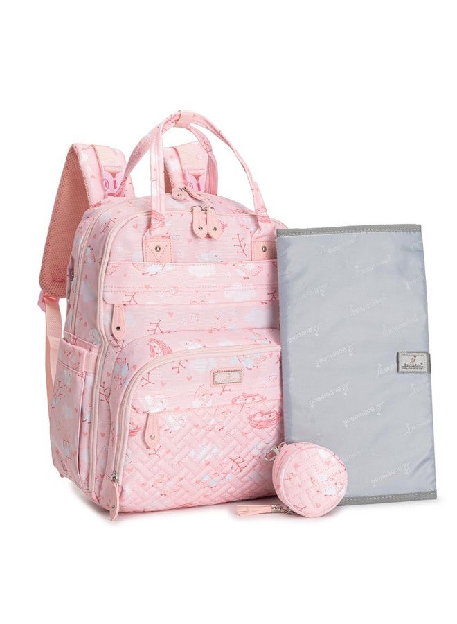 BabbleRoo Diaper Bag Backpack - Baby Essentials, Travel Essentials Baby Bag with Changing Pad, Stroller Straps & Pacifier Case - Unisex, Pink Birdy - Image 1