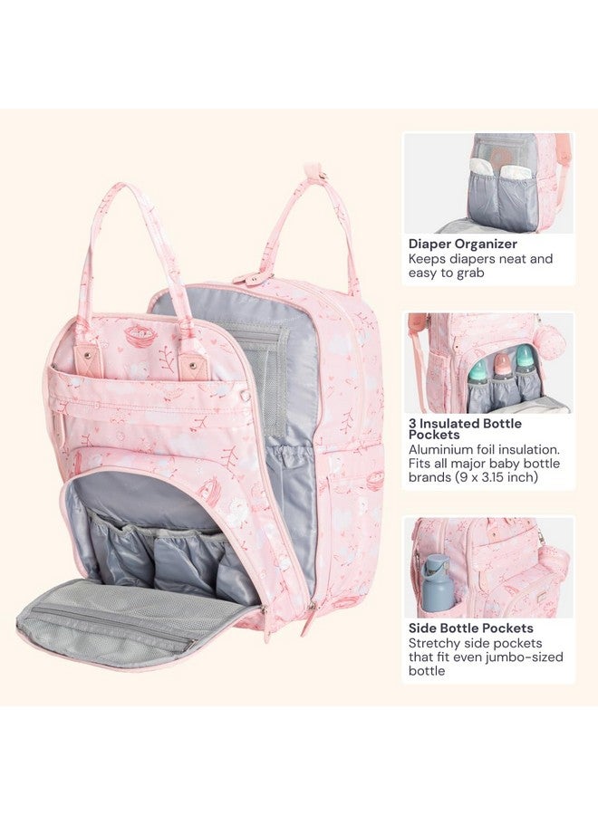 BabbleRoo Diaper Bag Backpack - Baby Essentials, Travel Essentials Baby Bag with Changing Pad, Stroller Straps & Pacifier Case - Unisex, Pink Birdy - Image 3