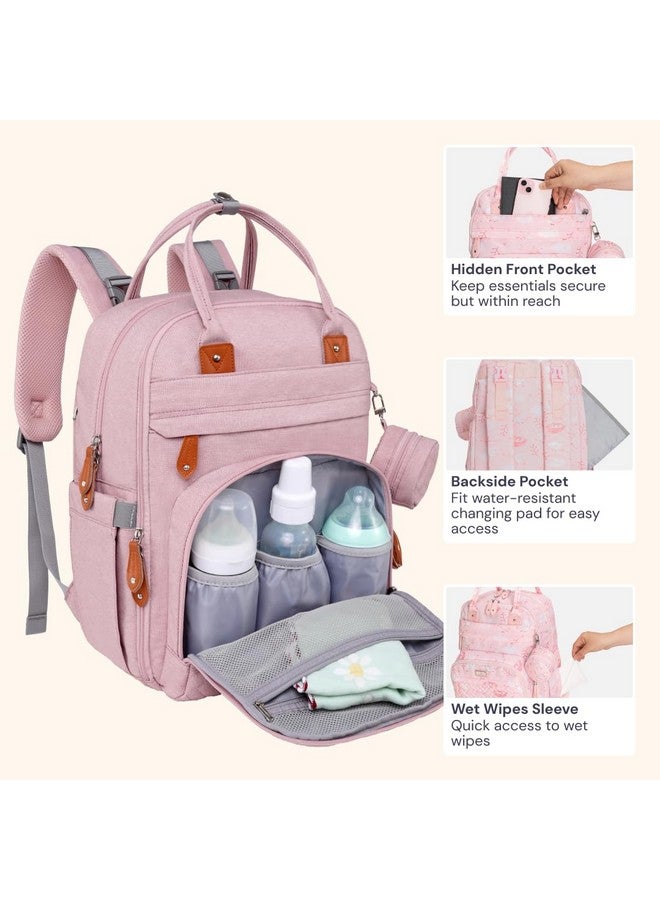 BabbleRoo Diaper Bag Backpack - Baby Essentials, Travel Essentials Baby Bag with Changing Pad, Stroller Straps & Pacifier Case - Unisex, Pink Birdy - Image 4