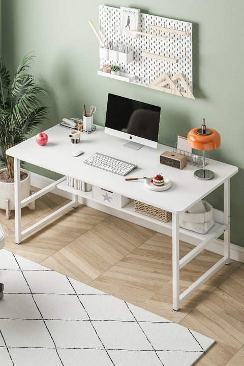 Computer desk with storage space, suitable for bedroom writing and home office work study desk, metal frame, white 120 x 55 x 73cm