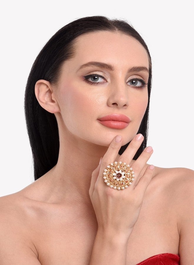 Efulgenz Indian Rings for Women Indian Bollywood Traditional Antique Round Crystal Kundan Adjustable Big Ring Finger Jewelry - Image 3
