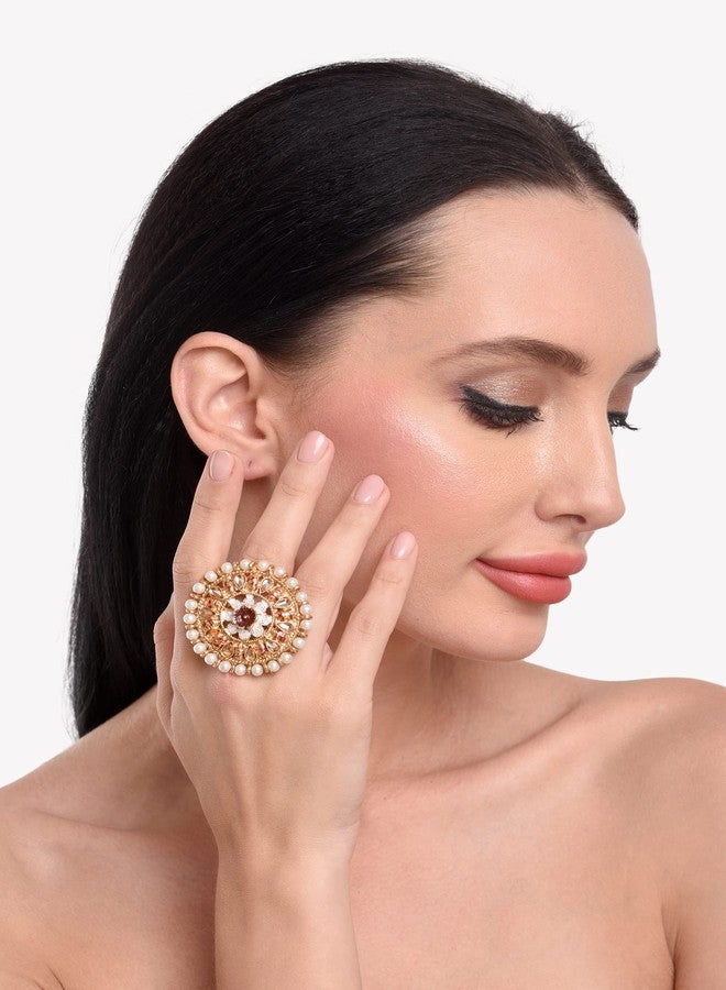 Efulgenz Indian Rings for Women Indian Bollywood Traditional Antique Round Crystal Kundan Adjustable Big Ring Finger Jewelry - Image 4