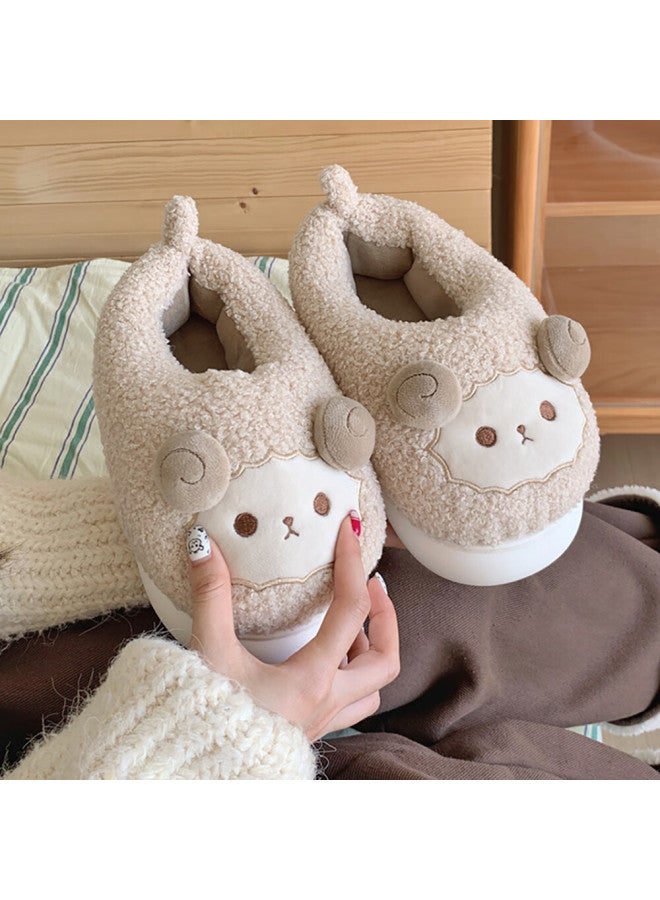 Xixitiao Full Wrap Sheep Cotton Shoes Indoor Home Comfortable Anti-slip Soft Bottom Cotton Shoes For Women Khaki Color Size 38-39 - Image 2