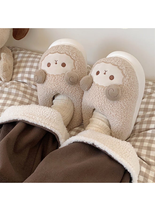 Xixitiao Full Wrap Sheep Cotton Shoes Indoor Home Comfortable Anti-slip Soft Bottom Cotton Shoes For Women Khaki Color Size 38-39 - Image 5