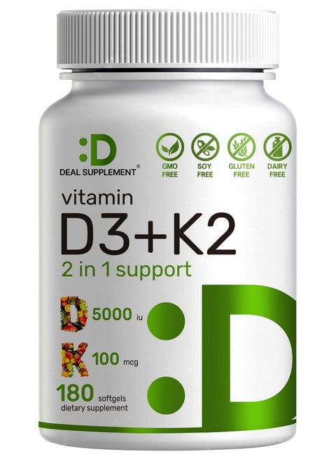 Vitamin D3 K2 Softgel 180 Counts 21 Complex Vitamin D3 5000 Iu & Vitamin K2 Mk7 Promotes Heart Bone & Teeth Health Very Easy To Swallow