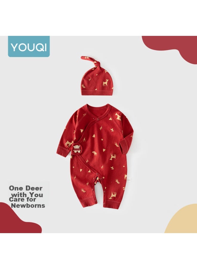 Youqi Yooqi Newborn Baby Red Romper Infant Jumpsuit Spring Autumn Pure Cotton Newborn Monk Suit Crawling Suit Uni Baby Underwear - Image 1