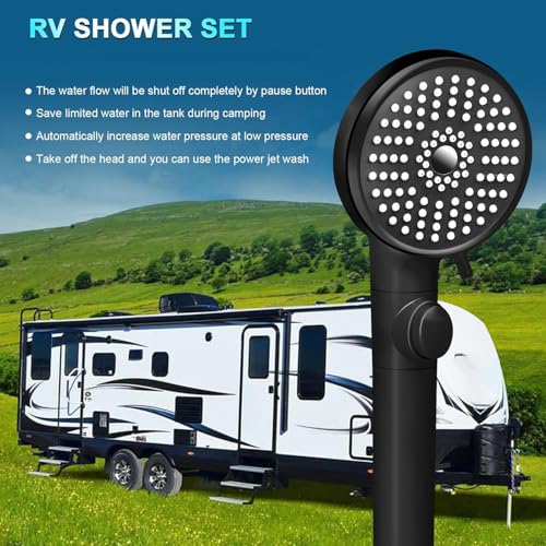 FOCSPROD RV Shower Head with Hose High Pressure 5 Mode Shower head Replacement Handheld Showerhead for RVCampers Travel Trailer for Water Saving Showerheads Holder and Hose On Off Switch Black - Image 3