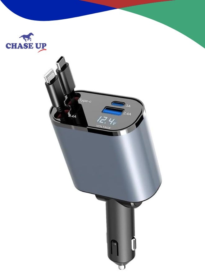 Chase Up Retractable Car Charger, 4 in 1 Fast Car Phone Charger 60W, Retractable Cables and USB Car Charger,Compatible with iPhone 15/14/13/12/11,Galaxy (1Lightning 1TypeC) - Image 1
