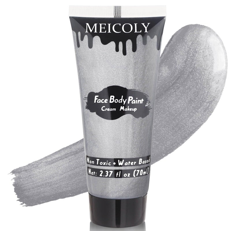 MEICOLY MEICOLY Cream Metallic Silver Face Body Paint237Oz Large Tube Water Based Full Body Paint for Adults and KidsProfessional Silver Face Paint for Halloween Tin Man SFX Special Effects Cosplay Makeup