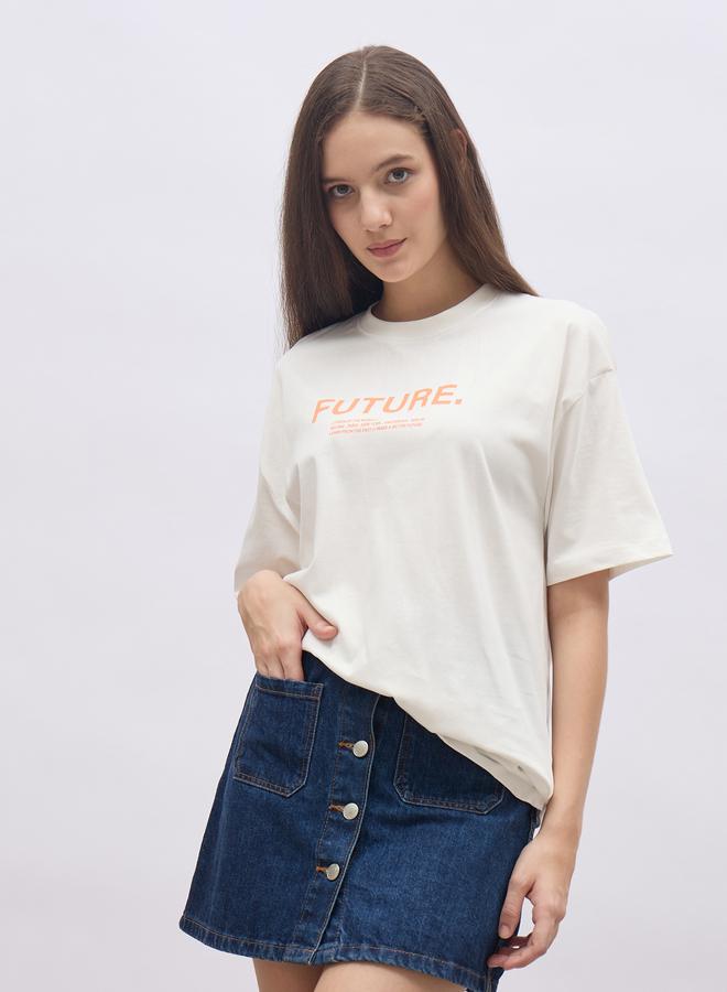 Styli Women Cream Slogan Print Short Sleeve Oversized T-Shirt - Image 2
