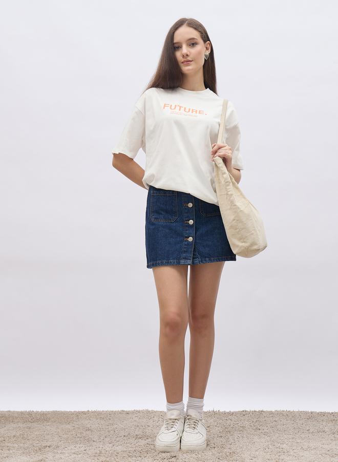 Styli Women Cream Slogan Print Short Sleeve Oversized T-Shirt - Image 1