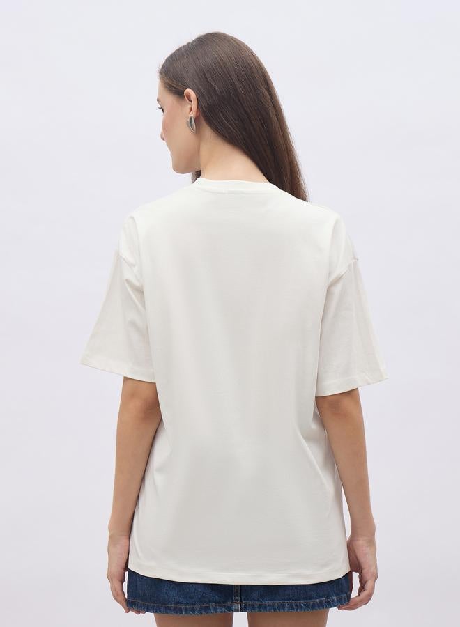 Styli Women Cream Slogan Print Short Sleeve Oversized T-Shirt - Image 5