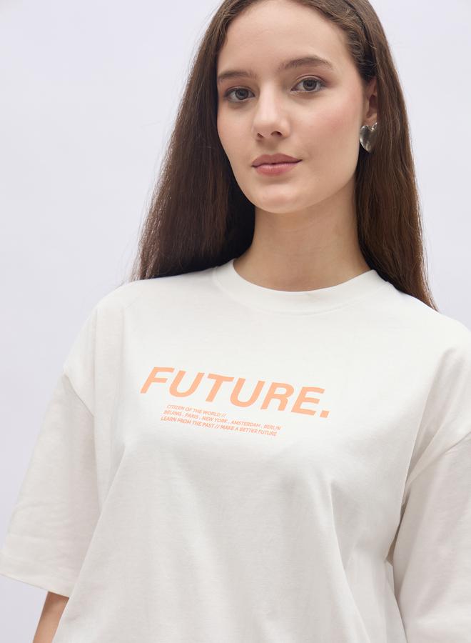 Styli Women Cream Slogan Print Short Sleeve Oversized T-Shirt - Image 4