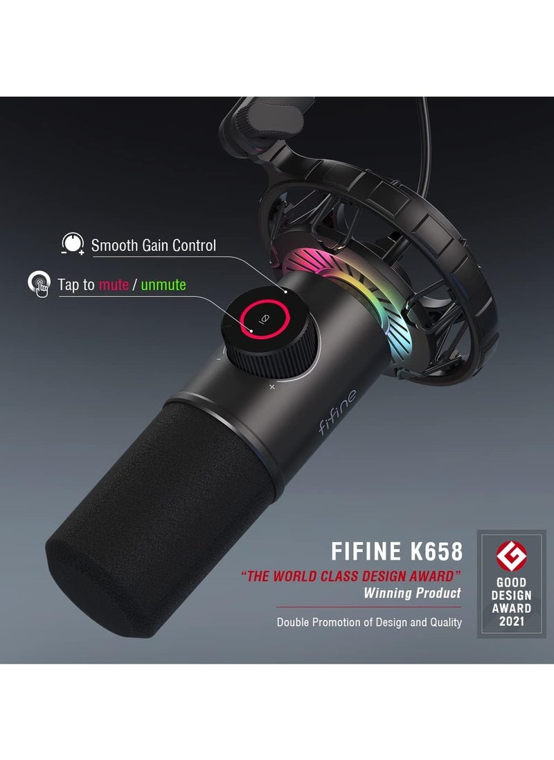 K658 USB Dynamic RGB Gaming Podcast Microphone, with Tap-to-Mute Button, Cardioid Mic with Headphone Jack for Streaming