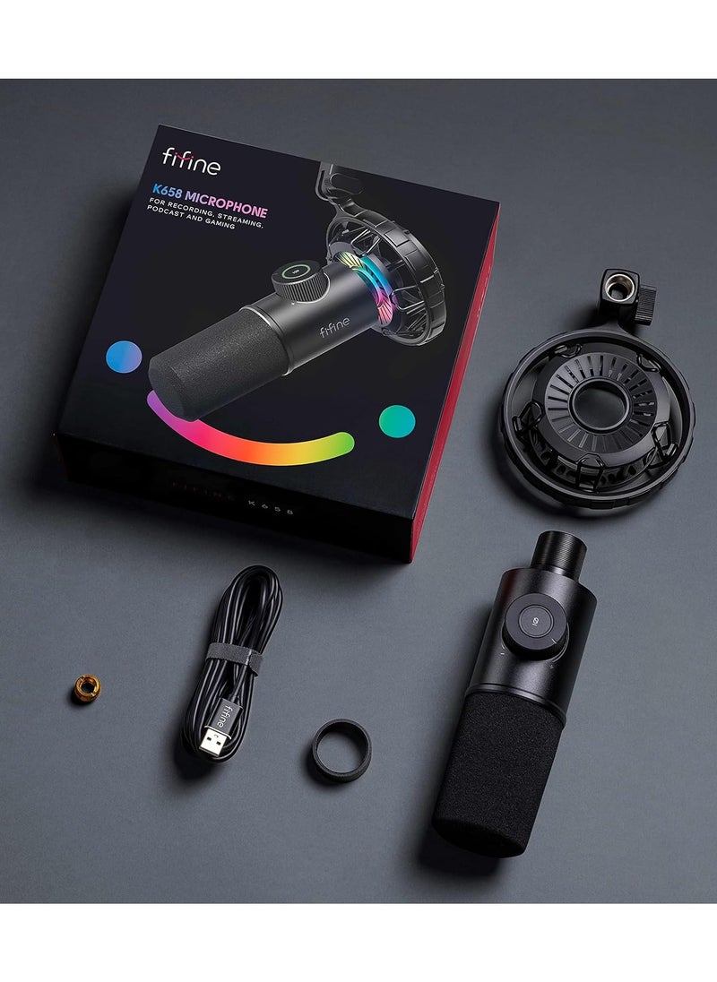 K658 USB Dynamic RGB Gaming Podcast Microphone, with Tap-to-Mute Button, Cardioid Mic with Headphone Jack for Streaming