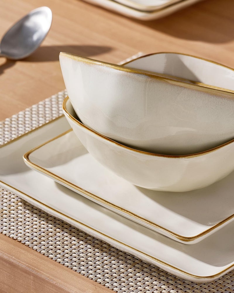 Famiware Dinnerware Sets for 4, Ocean Square 12-Piece Kitchen Plates and Bowls Sets, Microwave and Dishwasher Safe, Scratch Resistant, Vanilla White - Image 4