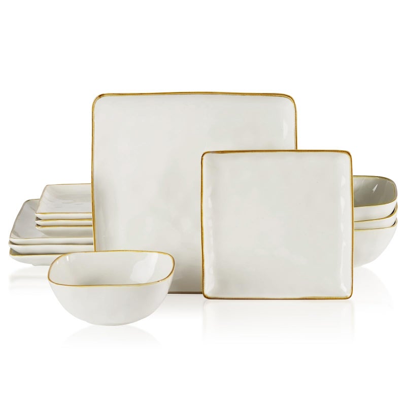 Famiware Dinnerware Sets for 4, Ocean Square 12-Piece Kitchen Plates and Bowls Sets, Microwave and Dishwasher Safe, Scratch Resistant, Vanilla White - Image 1