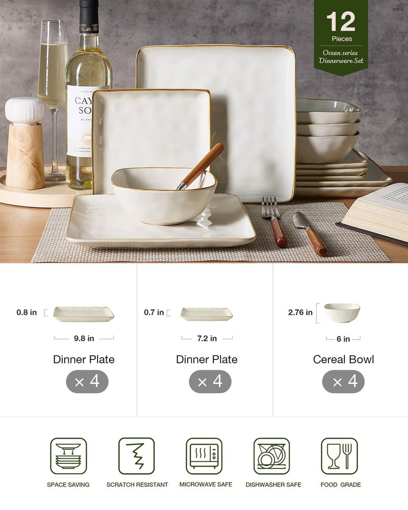 Famiware Dinnerware Sets for 4, Ocean Square 12-Piece Kitchen Plates and Bowls Sets, Microwave and Dishwasher Safe, Scratch Resistant, Vanilla White - Image 2