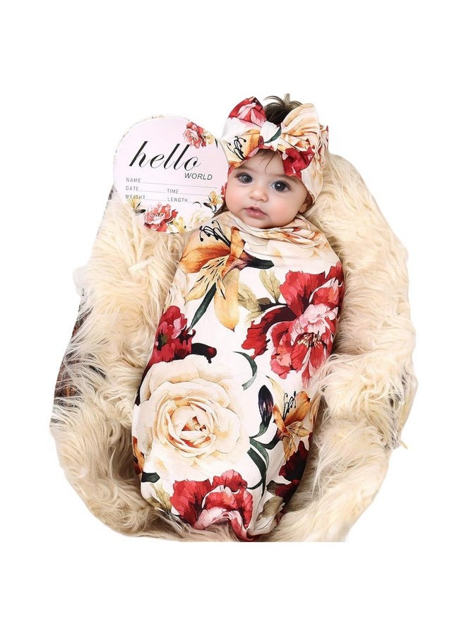 Galabloomer Receiving Blanket Headband Set Flower Print Baby Swaddle Receiving Blankets  - Image 1