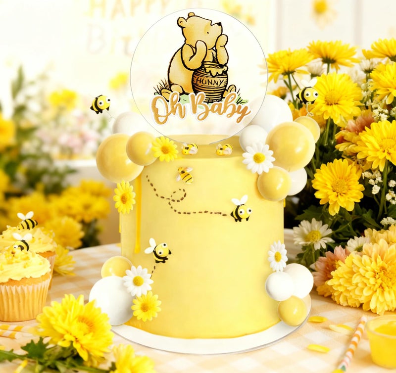 BttwkcoÂ® Winnie Baby Shower Cake Decorations Party supplies, First Birthday Classic Pooh Acrylic Cake Topper Bees & Flowers - Image 3