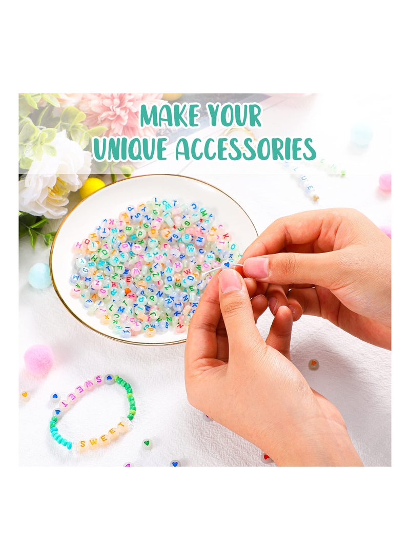 SYOSI 100 PCS Luminous Alphabet Letter Beads, KASTWAVE Acrylic Heart Beads Flat Beads Glow in the Dark Number Beads Colorful DIY Star Print for Bracelets Necklace Jewelry Making Supplies (Random English) - Image 2