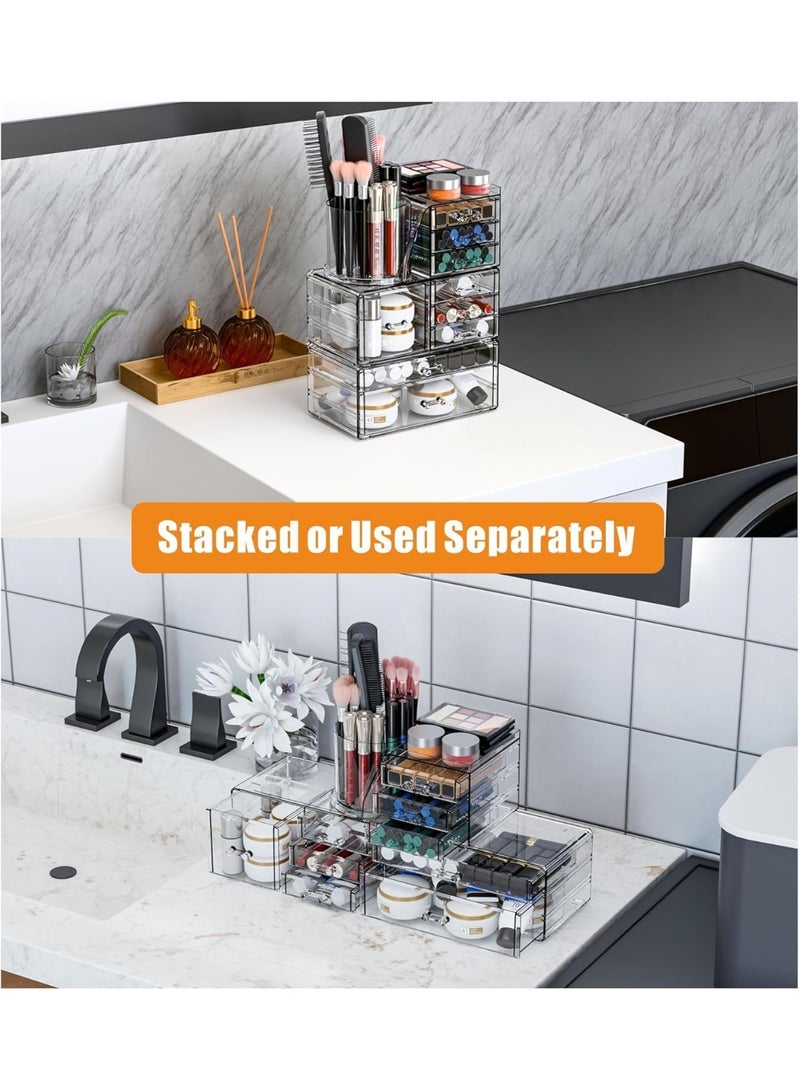 سوفام 3 حزمة منظّم مكياج الأكريليك النظيف -9 طبقات منضدة وغنية صندوق التخزين، مع مكياج حامل فرشاة، مناسب لمستحضرات التجميل، منتجات العناية بالبشرة ومواد العناية بالشعر - Image 2