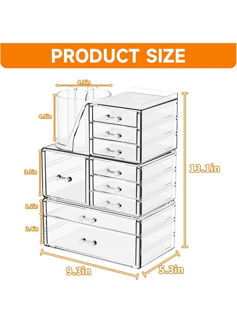 سوفام 3 حزمة منظّم مكياج الأكريليك النظيف -9 طبقات منضدة وغنية صندوق التخزين، مع مكياج حامل فرشاة، مناسب لمستحضرات التجميل، منتجات العناية بالبشرة ومواد العناية بالشعر - Image 3